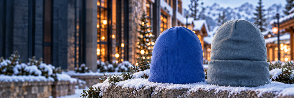 Two knit beanies on a snowy ledge
